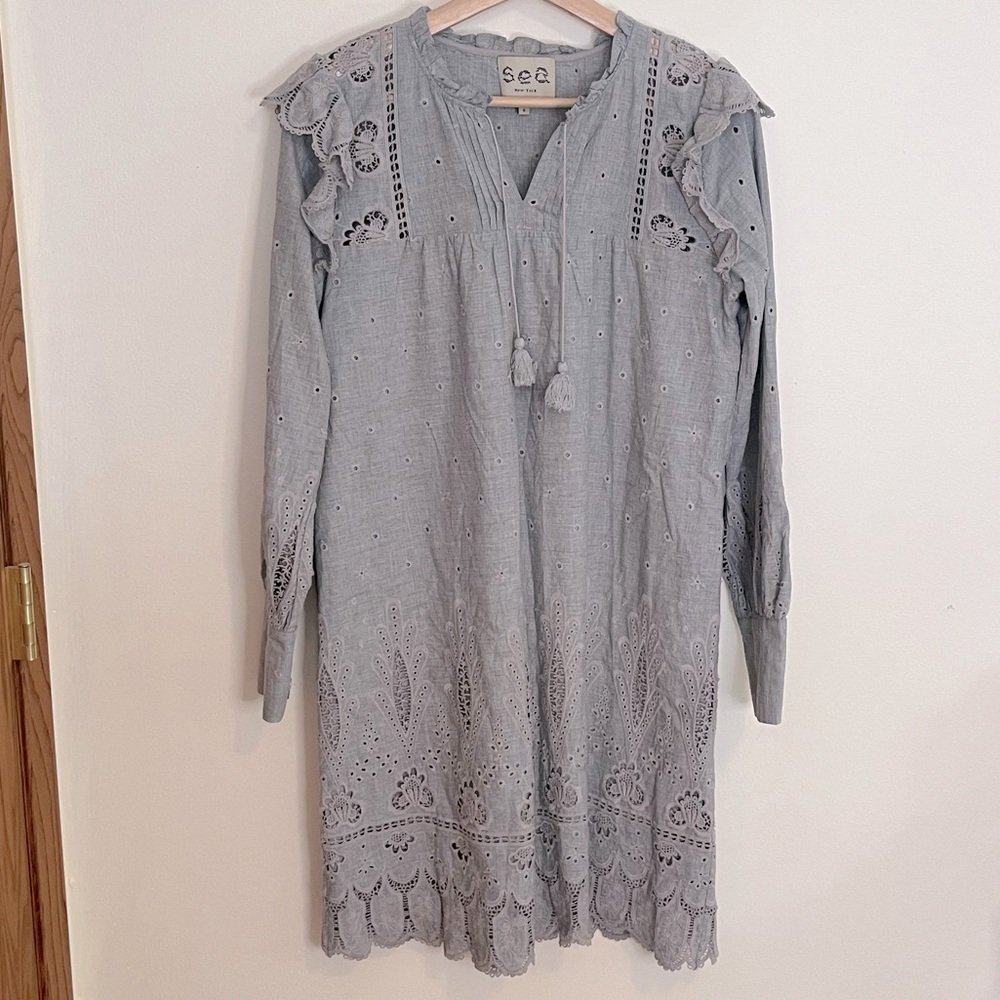 Sea New York Gray Eyelet Ruffled Mini Dress